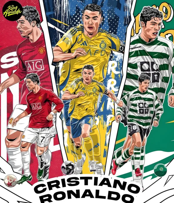 تصویر پروفایل کریستیانو رونالدو با پس‌زمینه طراحی گرافیکی مدرن و ترکیب رنگ‌های تیره و طلایی